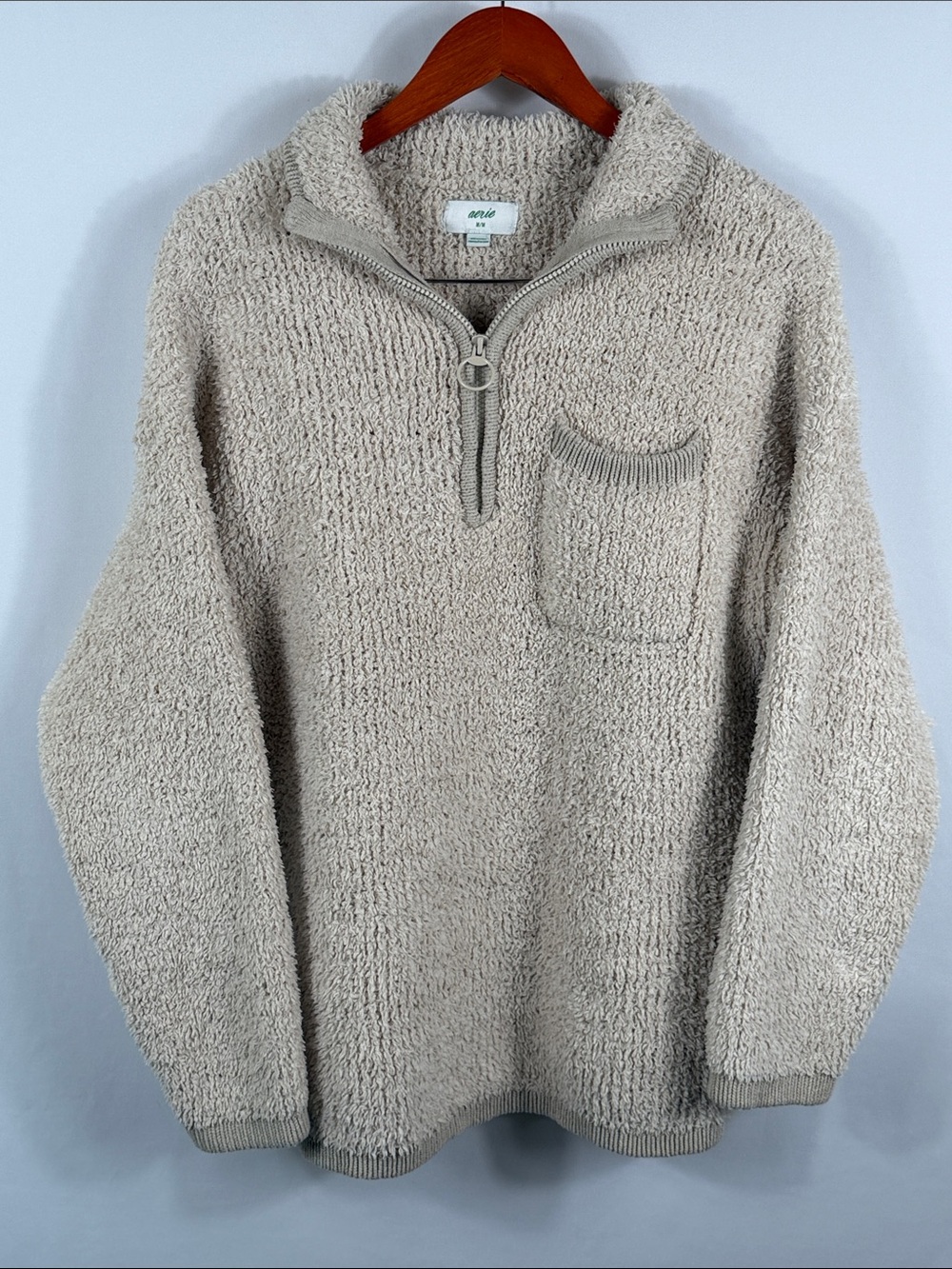 aerie Sherpa V-Neck Pullover - Taupe. Womens Size M. Oversized